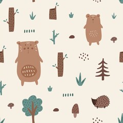 Seamless pattern with bear cubs, hedgehog, mushrooms, trees. Hand drawn vector illustration in scandinavian style. Creative forest texture for fabric, wrapping, textile, wallpaper, clothes.