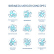 Business merger and consolidation turquoise concept icons set. Companies integration idea thin line color illustrations. Isolated symbols. Editable stroke. Roboto-Medium, Myriad Pro-Bold fonts used