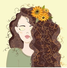 Sunflower. Curly Girl With Sunflowers In Her Hair. Green Sweatshirt. Light Yellow Delicate Background. Summer Illustration In Fresh And Sunny Colors
