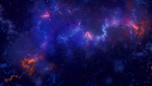 Abstract Fractal Art Background Suggestive Of A Dark Blue Nebula With Stars And Fiery Red Explosions In Outer Space.