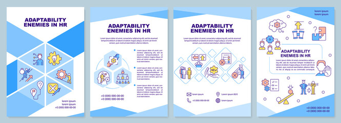 Adaptability enemies in HR blue brochure template. Problems. Leaflet design with linear icons. Editable 4 vector layouts for presentation, annual reports. Arial-Black, Myriad Pro-Regular fonts used