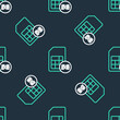 © vector_v - Line 5G Sim Card icon isolated seamless pattern on black background. Mobile and wireless communication technologies. Network chip electronic connection. Vector