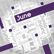 © alejomiranda - June word cloud written in Spanish, German, Portuguese, Italian, Japanese, Korean in gray with the English word highlighted in color