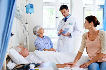 Canvas Print - Its good news all round. Shot of a doctor delivering results to a sick man in a hospital bed and his family.