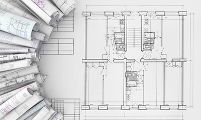 Poster - blueprins and construction plans top shoot  in rolls isolated on white 3d illustrations