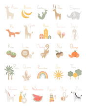 Alphabet Poster For Children, Vector Letters, Words, Animals, Things. ABC Kid Poster. Education For Baby, Flora And Fauna Characters. Trendy Abstract Elements. English Preschool Alphabet.