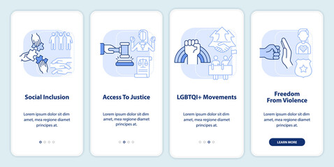 LGBT community programs light blue onboarding mobile app screen. Walkthrough 4 steps editable graphic instructions with linear concepts. UI, UX, GUI template. Myriad Pro-Bold, Regular fonts used