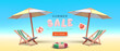 Marketing summer sale banner in 3d realistic style with beach umbrella, beach chair and social icons. Vector illustration