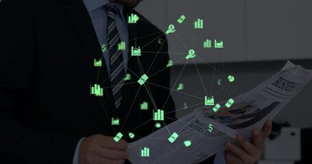Wall Mural - animation of network of connections over businessmen reading newspaper