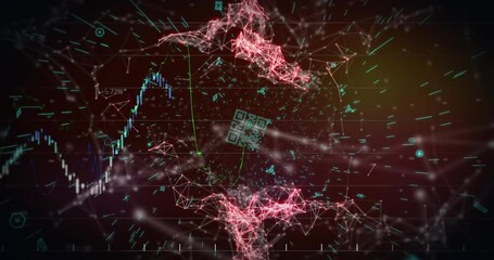 Animation of network of connections and qr code over dark background