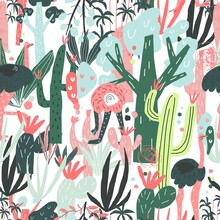 Vector Seamless Pattern With Ostrich, Cactus, Plants. Template For Paper Cover Print Design