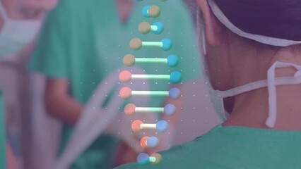 Poster - Animation of dna rotating over back view of caucasian female surgeon during operation