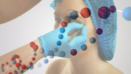 Poster - Animation of dna rotating over hands of doctor preparing caucasisn woman to plastic surgery