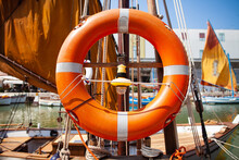 Orange Lifebuoy Ring Onboard The Ship, A Close Up, Italy, Cesenatio