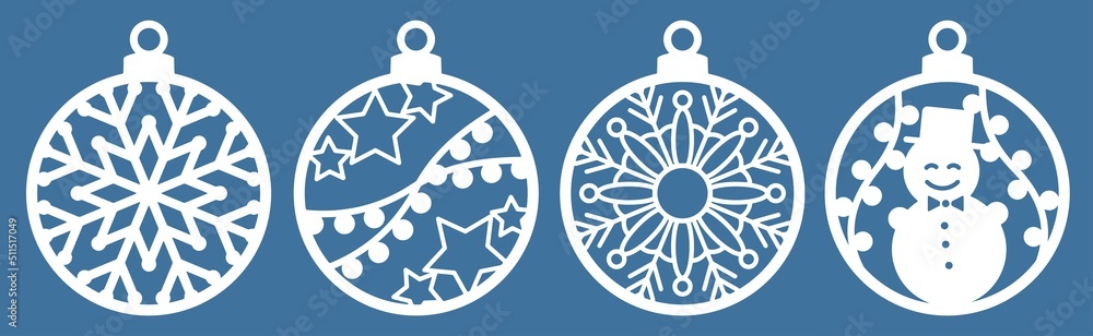 Silhouette of Christmas round toys. Christmas tree decorations set. Balls with snowflakes, deer, stars, fairy lights and a snowman. Template for laser cutting. Isolated vector illustration.