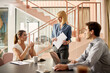 © Drazen - Group of business colleagues talk during meeting in office.