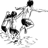 Fototapeta Konie - Hand sketch of boys jumping into the water. Vector illustration.