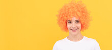 Happy Freaky Woman In Curly Clown Wig For Party, Fun. Woman Isolated Face Portrait, Banner With Copy Space.