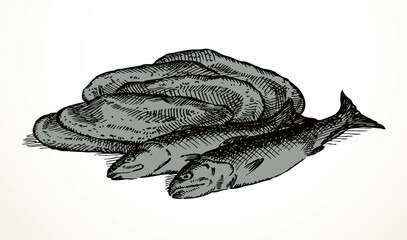 Vector still life from the biblical story: loaves and fishes