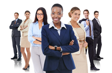 Poster - Theyre the best in the industry. Studio shot of a young businesswoman standing in front of her colleagues.