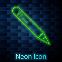 Poster - Glowing neon line Pencil with eraser icon isolated on brick wall background. Drawing and educational tools. School office symbol. Vector