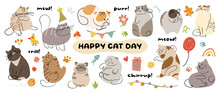 Cute Cats And Funny Kitten Doodle Vector Set. Happy International Cat Day Characters Design Collection With Flat Color In Different Poses. Set Of Adorable Pet Animals Isolated On White Background.