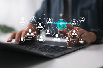 Aufkleber - With his fingerprint, a businessman pushes a current technology web panel.