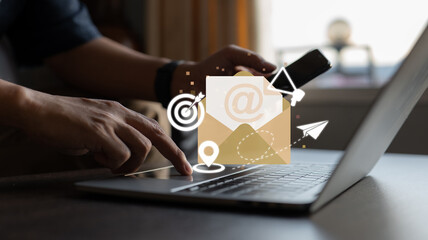 Email marketing as a concept. advertising media, target consumers, send messages, invite people, get message notifications, make attractive offers.