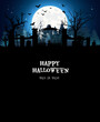 Halloween nightmare landscape. Cartoon spooky halloween cemetery landscape vector background illustration