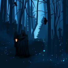 Death With A Scythe, Faceless Person With Lantern In Dark Forest. Walking Among Gravestones, Halloween Scene