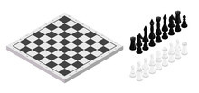 Figures Near Chessboard Isometric Illustration. Black And White Chess Pieces Vector Set. King, Queen, Bishop, Horse, Rook And Pawn. Classic Intellectual Sport, Leisure. Tactical Game