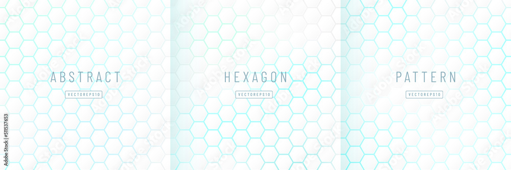 Set of abstract white hexagon pattern on light blue neon background ...