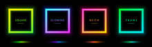 Abstract Cosmic Vibrant Color Square Border. Blue, Red-purple, Green Illuminate Frame Collection Design. Top View Futuristic Style. Set Of Glowing Neon Lighting Isolated On Background With Copy Space.