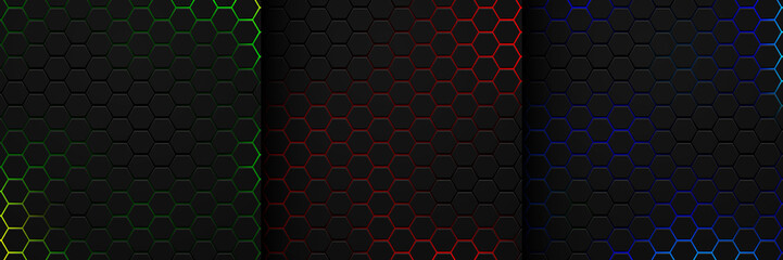 Wall Mural - set of abstract black hexagon pattern on neon light blue, red and green background in technology sty