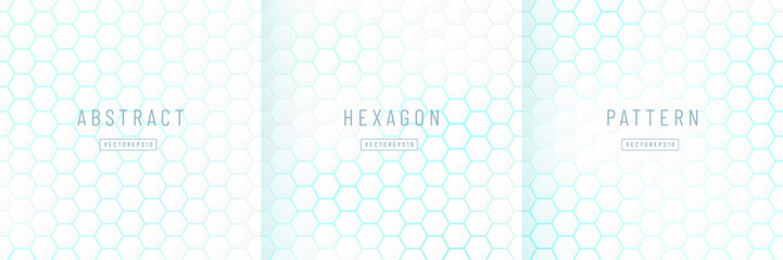 Wall Mural - set of abstract white hexagon pattern on light blue neon background technology style. modern futuris