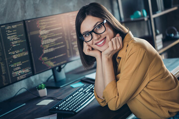 Profile side photo of young cheerful lovely woman hands touch chin jawa script server support indoors