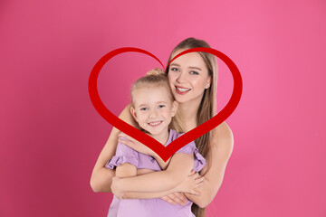 Canvas Print - Illustration of red heart and happy mother with little daughter on pink background