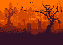 Old Cemetery Halloween Background. Scary Trees, Bats, Tombstones And Crow