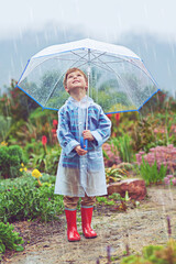 Poster - Trying to find the source of the rain. Full length shot of a young boy standing outside in the rain.