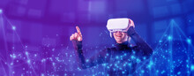 Asian Woman Wearing VR Headset For Entertainment In The Metaverse. Augmented Reality. Future Digital Technology Game And Entertainment. Metaverse Technology Concept. 