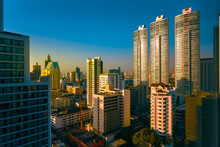 Scenery View Cityscape At Sunrise In The Morning With Skyscraper In Bangkok, Thailand.