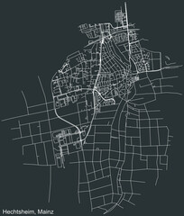 Detailed negative navigation white lines urban street roads map of the HECHTSHEIM DISTRICT of the German regional capital city of Mainz, Germany on dark gray background