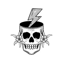 Black White Lightning Flower Skull Doodle Illustration For Sticker Tattoo Poster T-shirt Design Etc