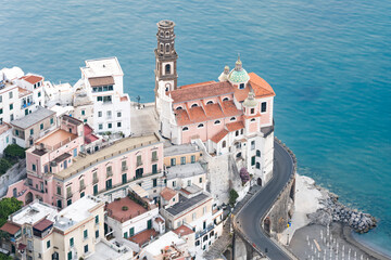 Wall Mural - View from above, stunning aerial view of the village of Atrani. Atrani is a city and comune on the Amalfi Coast in the province of Salerno in the Campania region of south-western Italy.