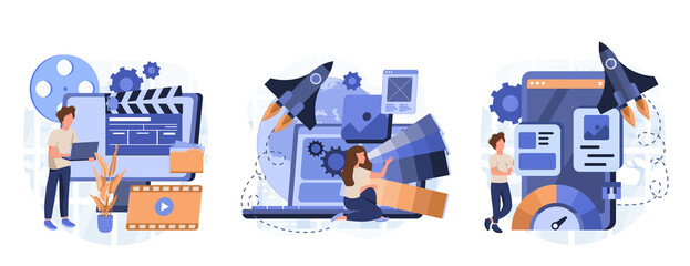 Web development company abstract concept vector illustrations. Motion graphic design, web design, accelerated mobile pages collection of scenes.