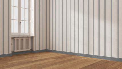 Wall Mural - Empty room interior design in gray and beige tones, open space with parquet wooden floor, window with radiator, striped wallpaper, classic architecture concept idea