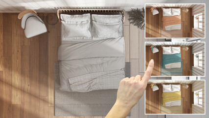 Architect designer concept, hand showing cozy bedroom with wooden bed, colors in different options, top view, above, plan, interior design project draft, color picker, material sample