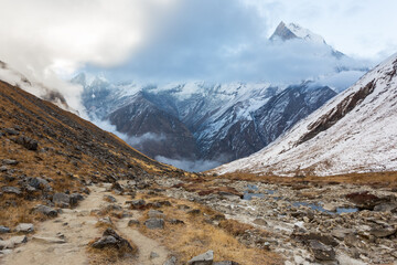 Wall Mural - View of Mount Machapuchare from Nepali meaning Fishtail Mountain, Annapurna Conservation Area, Himalaya, Nepal.