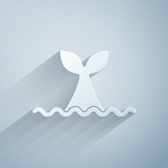 Canvas Print - Paper cut Whale tail in ocean wave icon isolated on grey background. Paper art style. Vector