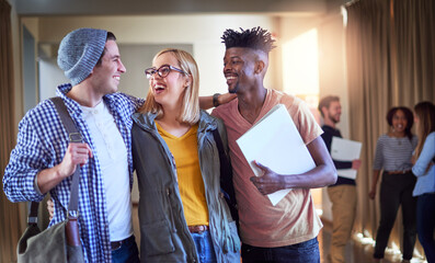 Poster - Youll make some of the coolest friends at college. Shot of a group of university students standing in a corridor at campus.